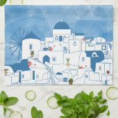 Blue & White Watercolor Santorini Griechenland Geschirrtuch (Gefaltet)