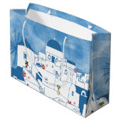 Blue & White Watercolor Santorini Griechenland Große Geschenktüte (Rückseite Schrägansicht)