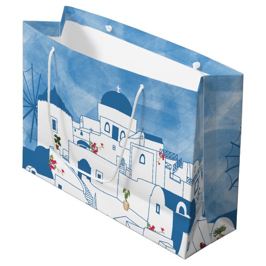 Blue & White Watercolor Santorini Griechenland Große Geschenktüte (Vorderseite Schrägansicht)