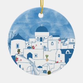 Blue & White Watercolor Santorini Griechenland Keramik Ornament