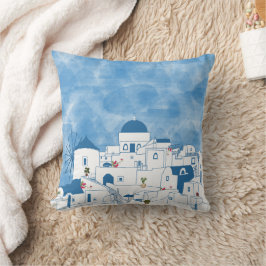 Blue & White Watercolor Santorini Griechenland Kissen