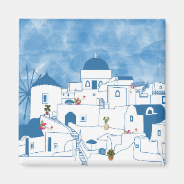 Blue & White Watercolor Santorini Griechenland Magnet