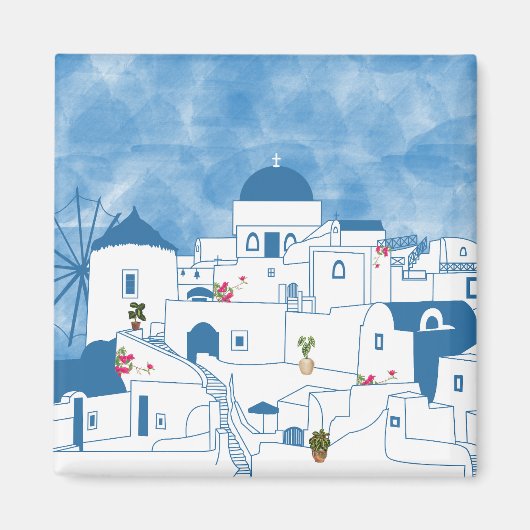Blue & White Watercolor Santorini Griechenland Magnet (Vorne)
