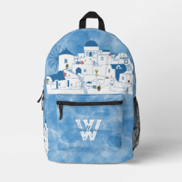 Blue & White Watercolor Santorini Griechenland Mon Bedruckter Rucksack