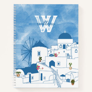Blue & White Watercolor Santorini Griechenland Mon Notizblock