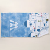 Blue & White Watercolor Santorini Griechenland Mon Strandtuch (Vorderseite)