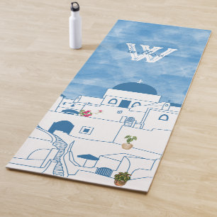Blue & White Watercolor Santorini Griechenland Mon Yogamatte