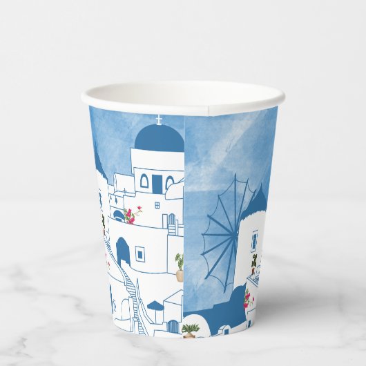 Blue & White Watercolor Santorini Griechenland Pappbecher (Rechts)