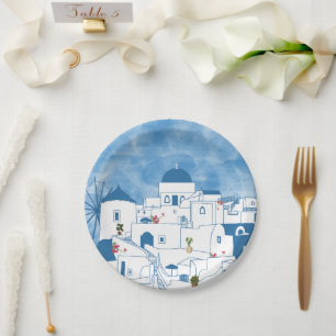 Blue & White Watercolor Santorini Griechenland Pappteller