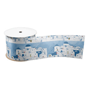 Blue & White Watercolor Santorini Griechenland Satinband