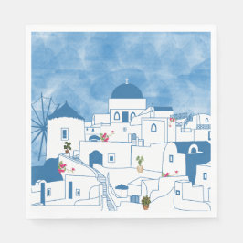 Blue & White Watercolor Santorini Griechenland Serviette