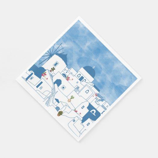 Blue & White Watercolor Santorini Griechenland Serviette (Ecke)