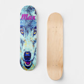 Blue White Watercolor Snowy Winter Wolf Skateboard (Vorderseite)