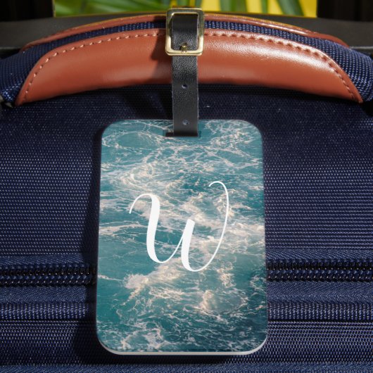 Blue White Waves Caribbean Seascape Monogram Gepäckanhänger (Vorderseite Insitu 2)