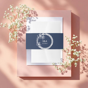 Blue White Wedding Wreath Monogram Einladungsbanderole