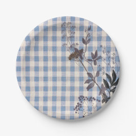 Blue White Wildblume Gingham Kariert Bauernhof Pappteller
