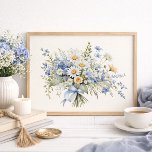 Blue White Wildflower Daisy Bouquet Home Decor Poster