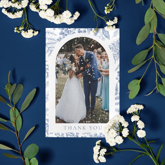 Blue White Willow Floral Foto Hochzeit Dankeskarte