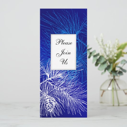 Blue White Winter Pine Custom Holiday Einladungen (Stehend Vorderseite)