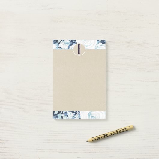 Blue White Winter Rosen Kraft Rustic Monogram Post-it Klebezettel (Auf Schreibtisch)