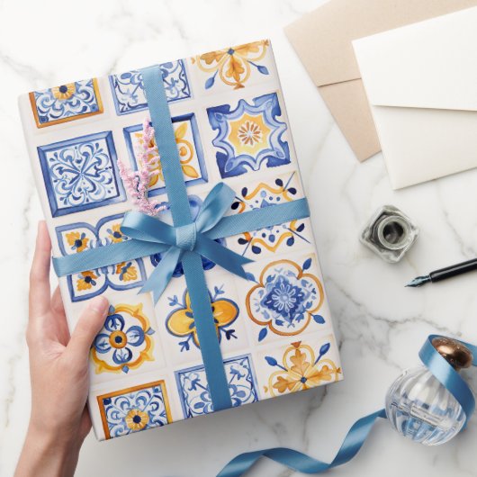 Blue White Yellow Tiles Pattern Summer Aesthetic  Geschenkpapier (Schenken)