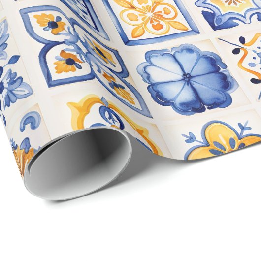 Blue White Yellow Tiles Pattern Summer Aesthetic Geschenkpapier (Rolleneckpunkt)