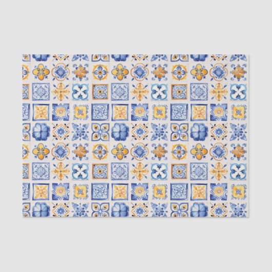 Blue White Yellow Tiles Pattern Summer Aesthetic Seidenpapier (Vorderseite)