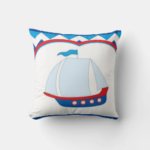 Blue White Zickzack Background Blue Red Sail Ship Kissen