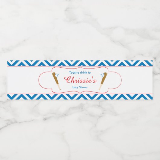 Blue & White Zickzack Baseball Baby Wasserflaschenetikett (Einzelnes Label)