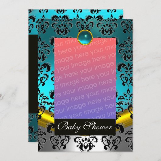 BLUE WHUE BLACK DAMASK BABY SHOWER MONOGRAM EINLADUNG (Vorne/Hinten)