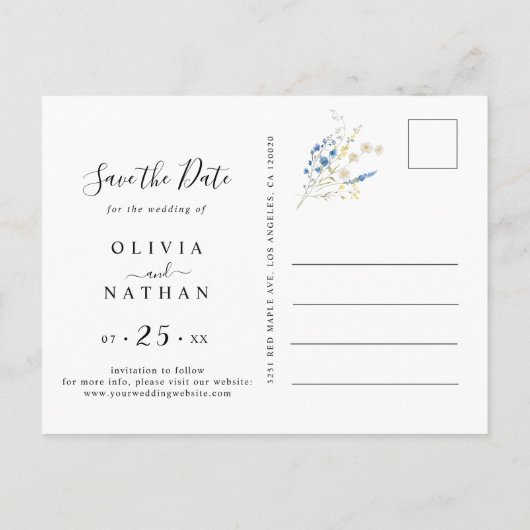 Blue Wild Floral Dainty Blume Boho Save the Date Einladungspostkarte (Rückseite)