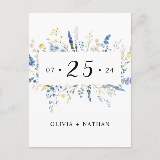 Blue Wild Floral Dainty Blume Boho Save the Date Einladungspostkarte (Vorderseite)