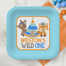 Blue Wild One Boy First Birthday Paper Teller