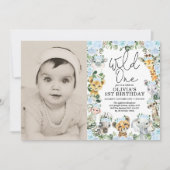 Blue Wild One Jungle Safari Girl Birthday Foto Einladung (Vorderseite)