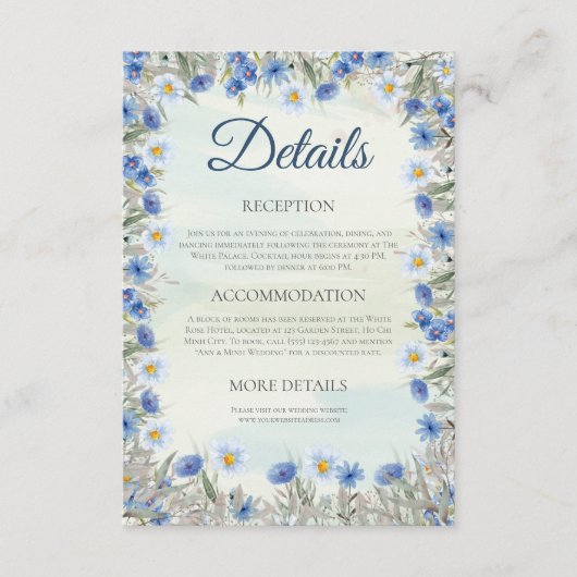 Blue Wildblume Border Wedding Details Card Begleitkarte (Vorderseite)