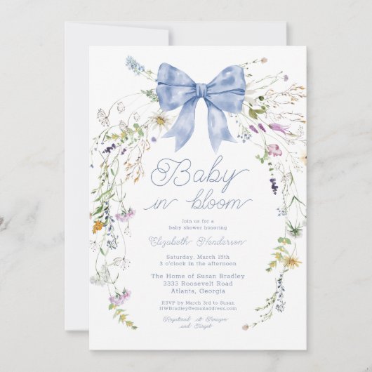 Blue Wildblume Bow Baby in Bloom Baby Dusche Einladung (Vorderseite)