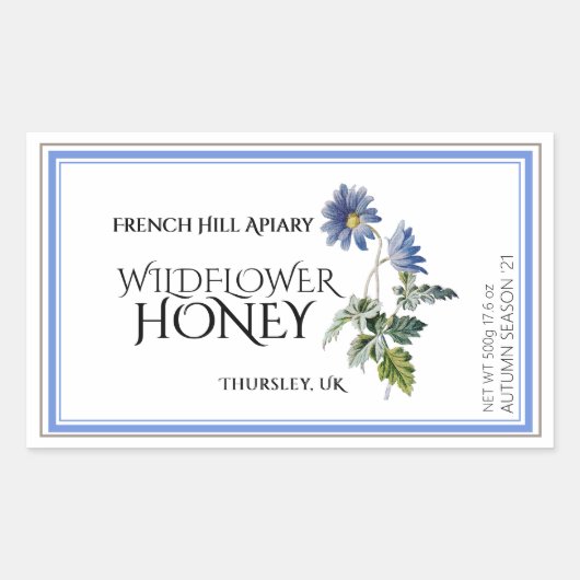 Blue Wildblume Honey Label (Datum geerntet) Aster Rechteckiger Aufkleber (Vorderseite)