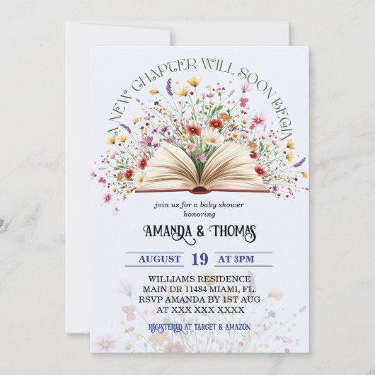 Blue Wildblume Storybook Neue Kapitel Kinderdusche Einladung (Vorderseite)