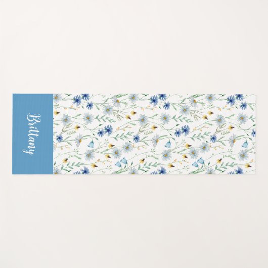 Blue Wildblume Watercolor Individuelle Name Yogamatte (Vorderseite (Horizontal))