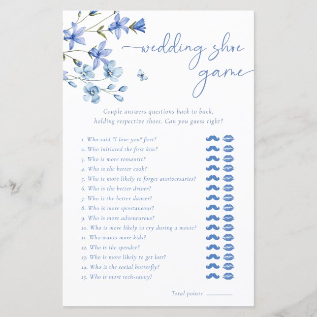 Blue Wildblume Wedding Shoe Brautparty Game (Vorderseite)