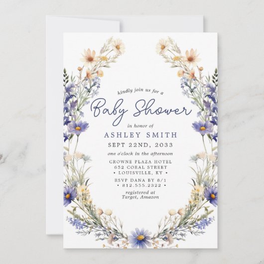 Blue Wildblume Wreath Watercolor Babydusche Einladung (Vorderseite)