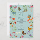 Blue Wildblumen Butterflies Babydusche Einladung (Vorderseite)