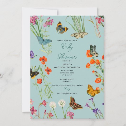 Blue Wildblumen Butterflies Babydusche Einladung (Vorderseite)