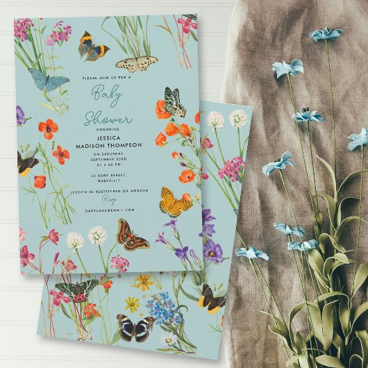 Blue Wildblumen Butterflies Babydusche Einladung