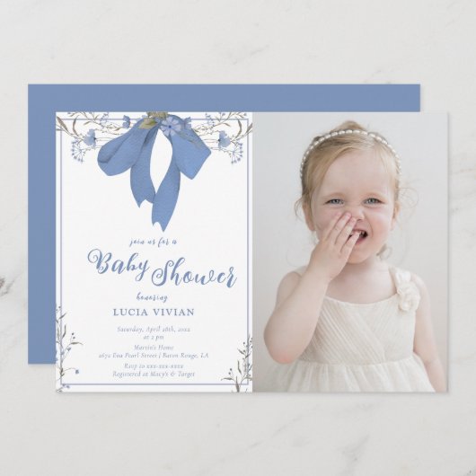 Blue Wildblumen Coquette Bow Foto Babydusche Einladung (Vorne/Hinten)