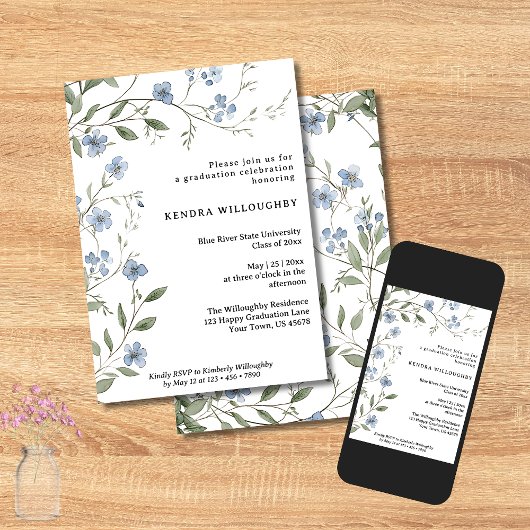Blue Wildblumen Graduation Party Einladung