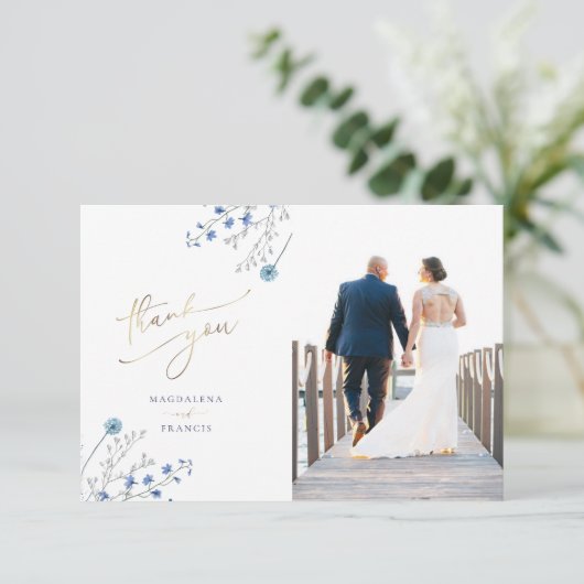 Blue Wildblumen Hochzeit Dankeschön Karte (Stehend Vorderseite)