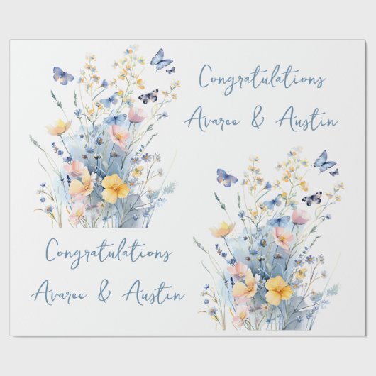 Blue Wildblumen Hochzeit/Dusche Glückwunsch Geschenkpapier (Flach)