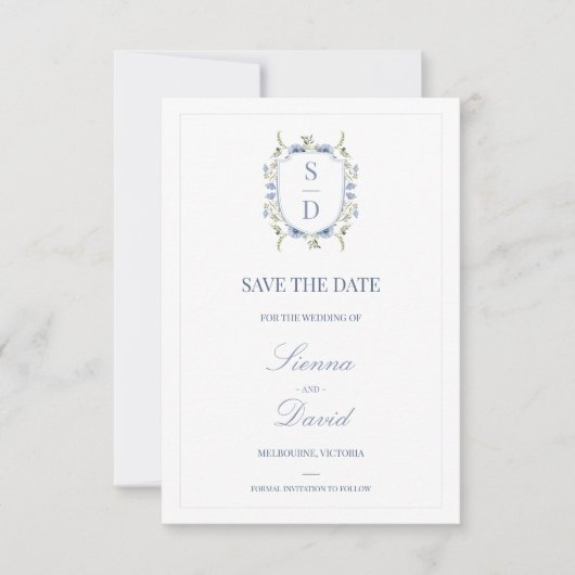 Blue Wildblumen Monogram Wappen Save the Date Card (Vorderseite)
