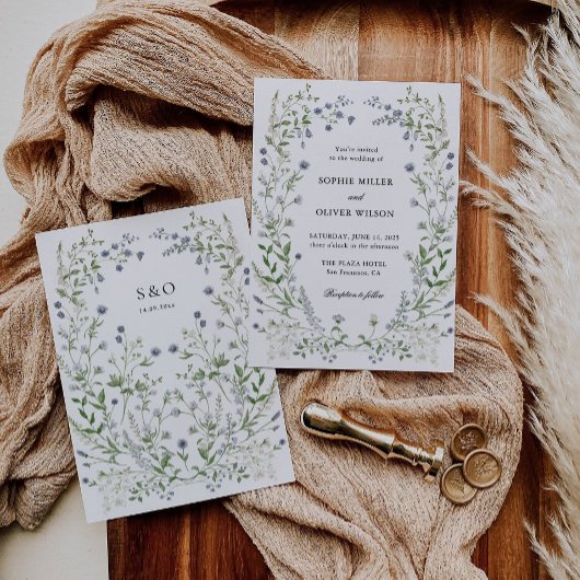 Blue Wildblumen Wreath Wedding Einladung